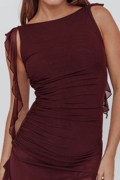 Shop the After Party Sleeveless Ruffle Trim Mini Dress Wine | Selfie Leslie Ruched Mini Dress With Ruffled Straps For Evening, Holiday Sleeveless Flirty Mini Dress, Date Night Stretch Dress With Ruffled Straps, Stretch Dress With Ruffled Straps For Date Night, Evening Mini Dress With Ruched Ruffled Straps, Glamorous Summer Mini Dress With Ruched Back, Fitted Ruched Mini Dress For Holiday Party, Fitted Mini Dress With Ruffled Straps For Party, Stretch Ruffle Dresses For Party Season