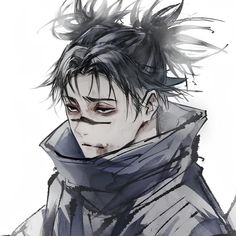 a drawing of a man with black hair wearing a hoodie and looking to his left