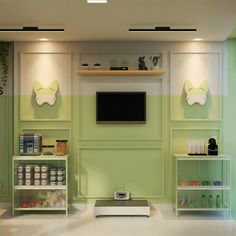 a living room with green and white walls