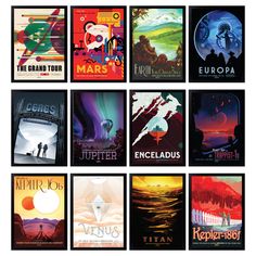 an assortment of travel posters from around the world