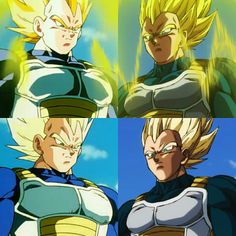 three different images of the same character in dragon ball zoror and trunks, one with