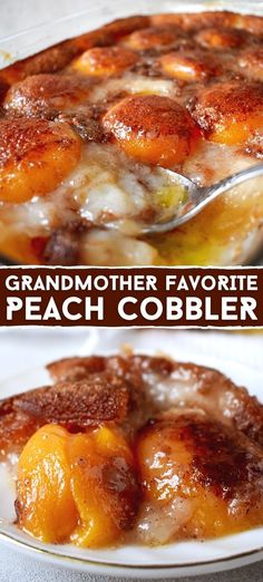 two pictures of a dish with peach cobbler in it