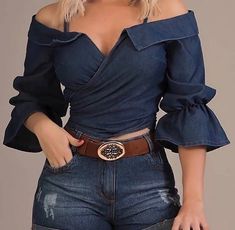 Denim Shorts Outfit, Denim On Denim, Flared Sleeves Top, Shirt Diy, Outfit Jeans, Half Skirt, Blouse Material, Womens Tops Summer, Shoulder Shirts