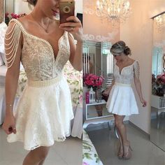 Sweet 16 Party Dress, Dresses With Pearls, V Neck Cocktail Dress, Cheap Homecoming Dresses, White Homecoming Dresses, Prom Dresses 2017, Junior Prom Dresses, Short Homecoming Dress, Lace Homecoming Dresses