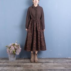 Details: Item Type: Dress Main Material: Cotton Linen Season: Spring, Autumn Style: Leisure, Daily Pattern Type: Floral Waist Type: Loose Fit Type: Loose fit/ Pullover Size: One Size Length: 119.00 cm/ 46.85 " Bust: 110.00 cm/ 43.31 " Shoulder: 41.00 cm/ 16.14 " Sleeve: 54.00 cm/ 21.26 " Brown Cotton Patchwork Dress, Vintage Cotton Midi Dress For Fall, Brown Long Sleeve Patchwork Dresses, Brown Cotton Midi Dress For Work, Brown Cotton Midi Dress For Daywear, Brown Long Sleeve Vintage Dress For Spring, Casual Vintage Midi Dress For Fall, Brown Midi Dress For Daywear In Fall, Brown Long Sleeve Midi Dress With Buttons