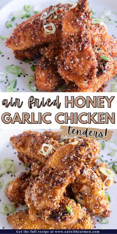 two pictures of fried honey garlic chicken on a plate with text overlay that reads, an entree honey garlic chicken tenders