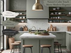 an image of a kitchen setting with stools on the counter and shelves in the background