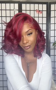 Red Pin Up Hairstyles For Black Women, Ruby Red Hair Color On Black Women, Burgundy Bob Black Women, Red Hair Color Black Women, Bob On Black Women, Hair Color Black Women, Ruby Red Hair Color, Ruby Red Hair, Burgundy Bob