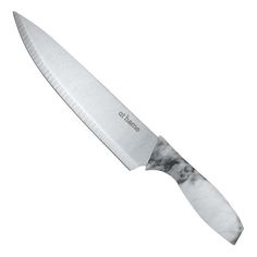 a large knife that is on top of a white surface with a black and gray handle