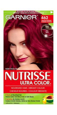 Garnier Nutrisse Ultra Color 462 Tempting Raspberry Tempting Raspberry Cherry Red Hair Color, Raspberry Hair, Pelo Color Vino, Garnier Hair Color, Black Cherry Hair, Schwarzkopf Hair Color, Cherry Hair, Dyed Red Hair, Hair Color Burgundy