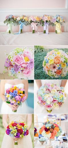 a collage of photos showing different bouquets and ribbons on the bride's wedding day