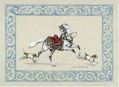 a drawing of a man riding a horse with two dogs on the back of it