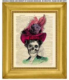 a skull wearing a hat with feathers on it's head in a gold frame