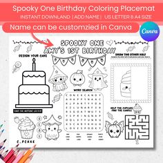 a birthday coloring page with the words spooky on it and an image of a cake