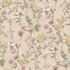 a floral wallpaper with pink, yellow and green flowers