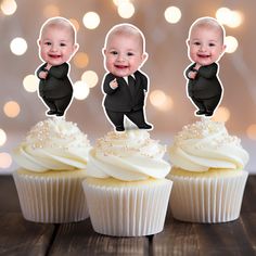 three cupcakes that have been cut out to look like babies in tuxedos