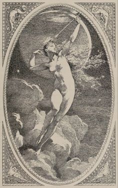 an old drawing of a naked woman holding a bow