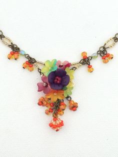 Lovely, stunning little pendant necklace is our latest color way, Petunia. In a beautiful color mix of yellow and turquoise green with a deep central purple rose that jumps out and makes this this necklace pop. Pretty and delicate, its hand sewn together with glass beads, and hand painted flowers. The necklace is a simple strand of glass beads. This is a quality piece of jewelry that will last a life time. Created by designer Colleen Toland who has been creating her unique style of vintage jewel Multicolor Flower Pendant Necklace, Adjustable Multicolor Necklace With Flower Charm, Adjustable Multicolor Necklaces With Flower Charm, Vintage Multicolor Jewelry With Flower Charm, Whimsical Multicolor Flower Necklace, Vintage Multicolor Flower Pendant Jewelry, Multicolor Flower Pendant Jewelry With Flower Charm, Multicolor Flower Pendant Jewelry With Charm, Bohemian Multicolor Jewelry With Flower Charm