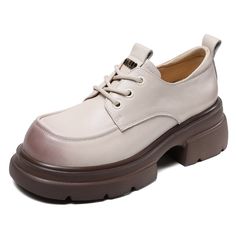 Women Minimalist Leather Chunky Platform Loafers-RAIIFY Trendy Beige Leather Platform Loafers, Trendy Beige Platform Loafers With Round Toe, Trendy Beige Platform Loafers, Beige Flat Heel Oxfords For Office, Beige Leather Lace-up Loafers, Beige Platform Loafers With Rubber Sole, Beige Almond Toe Lace-up Shoes For Fall, Beige Round Toe Platform Loafers For Fall, Beige Round Toe Loafers With Lug Sole