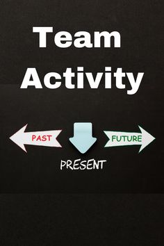 the words team activity and past present on a blackboard with arrows pointing in different directions