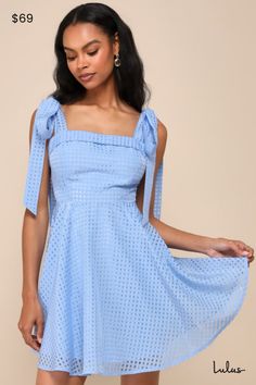 You're sure to capture plenty of hearts in the Lulus Forever Darling Blue Gingham Burnout Tie-Strap Mini Dress! Airy woven fabric boasts a gingham-inspired burnout fabric that shapes tying shoulder straps and a seamed bodice with folded trim. Fitted waist tops a circle skirt that finishes at a mini hem. Hidden zipper/clasp at side. Fit: This garment fits true to size. Length: Mid-thigh. Size medium measures 36.75" from adjustable straps to hem. Bust: Great for any cup size. Waist: Fitted - very White Bridal Shower Dress, Dress With Tie Straps, Spring Fashion Dresses, Blue Gingham Dress, White Bridal Shower, Burnout Fabric, Bridal Shower Dress, Casual Wedding Dress, Shower Dresses