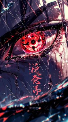 an anime character's eye is shown in the rain