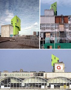 four different pictures of buildings with green and white paint on the top, one has a sign that reads asparagasia