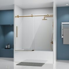 a bathroom with blue walls and white flooring, including a walk - in shower