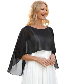 PRICES MAY VARY. Wear this capes with your any dress, it's very elegant and hits lots of compliments. Useing this sheer and stylish shawl wraps for a bridesmaid dress, you will be complimented on this style and look beautiful. Perfect for eveningwear that for whatever reason requires some modesty up top. It is the sheer fabric used in non high end eveningwear. There are several different ways to wear this capelets cover up: all to the back, over the shoulder, or as shown. you can use it to dress Cover Up For Dress Formal, Black Dress Coverups, Soft Wedding, Shrug For Dresses, Formal Fashion, Chiffon Evening Dresses, Dresses Chiffon, Capes For Women