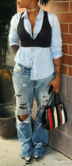 Chic Denim Button-up Shirt, Casual Ankle-high Denim Boots, Button-up Denim Top With Frayed Hem, Trendy Ankle-high Denim Boots, Casual Denim Button-up Top With Frayed Hem, Denim Couture, Big Girl Fashion, Classy Casual, Classy Casual Outfits