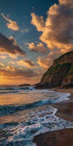 the sun is setting over an ocean with waves coming in to shore and cliffs on the other side