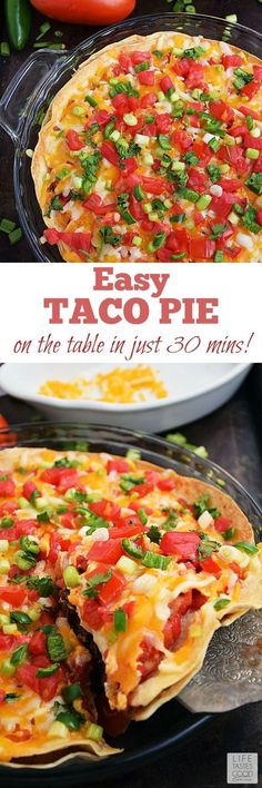 an easy taco pie is cut in half and ready to be served on the table