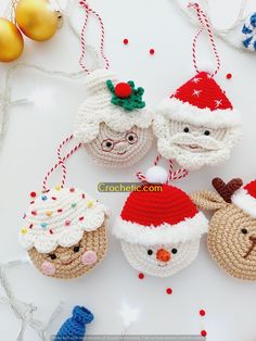 crocheted christmas ornaments with santa and reindeer faces