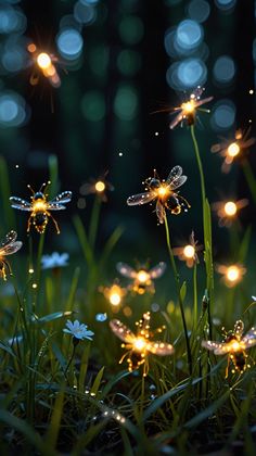 some lights that are in the grass with dragonflies on them and flowers growing out of it