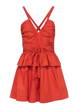 Get ready to romp around in style with Ulla Johnson's Marren Playsuit. Crafted from crisp poplin in a vibrant coral hue, this bold number is a summer essential whether you're headed to brunch or an island getaway. Romantic ruffles and ruching add a flirty touch, perfect for pairing with strappy sandals for a fun and feminine look. Size 12 100% Cotton Exposed side zipper closure Drawstring waist w/ tie closure Ruched bodice w/ boned sides Side slant pockets Ruffled accents Bust 36" Waist 32" Shoulder to hem 34.5" Inseam 2.75" Wide Leg Romper, Cotton Romper, Ruched Bodice, Size 12 Dress, Feminine Look, Ulla Johnson, Summer Essentials, Playsuit, Cotton Poplin