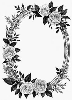 a black and white drawing of roses in a circular frame with leaves on the sides