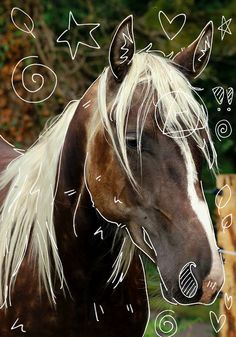 a brown and white horse standing next to a wooden fence with hearts drawn on it