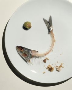 two fish on a white plate with one half eaten and the other half empty, sitting next to an olive