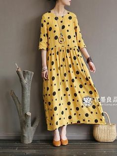 LOOSE SIMPLE POLKA-DOT COTTON LONG DRESS - rrdeye Maxi Dres, Cotton Long Dress, Plus Size Vintage, Long Dress Casual, Plus Size Maxi, Themed Outfits, Women Clothes, Asian Style, Cozy Fashion