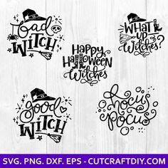 four halloween svg cut files with the words good witch, happy halloween and witches