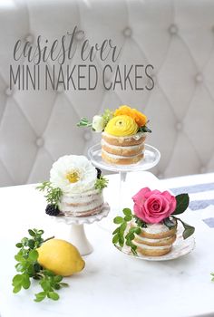 three cakes sitting on top of a white table next to lemons and flowers with the words easter fever mini - naked cakes