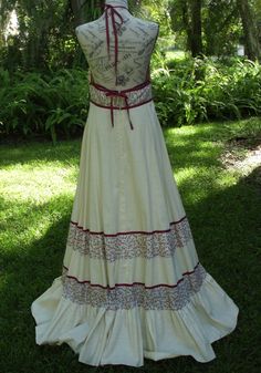 Gunne Sax Halter Dress Full Length Cream Cotton and Calico - Etsy Cotton Maxi Dress With Empire Waist For Daywear, Peasant Cotton Dress For Garden Party, Peasant Style Cotton Dress For Garden Party, Fitted Cotton Maxi Dress With Empire Waist, Fitted Prairie Dress For Gatherings, Cotton Prairie Dress For Garden Party, Fitted Cotton Maxi Dress For Garden Party, Cotton Prairie Dresses, Cotton Cottagecore Dresses For Gatherings