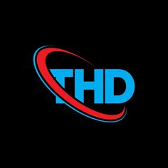 the thd logo is shown in blue and red on a black background with an orange circle