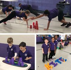 several pictures of children playing with plastic cups