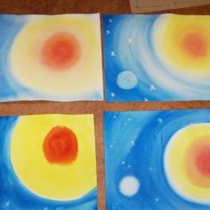 four square paintings with different colors and shapes