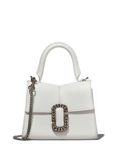 white calf leather logo plaque single top handle detachable chain-link shoulder strap foldover top clasp fastening main compartment internal slip pocket Mini Top Handle Bag, Compact Bag, Beige Bag, Mini Top, Dolce E Gabbana, Denim Bag, Purple Bags, Handle Bag, White Bag