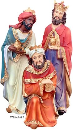 three figurines of jesus, mary and joseph are shown in front of a white background