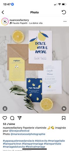 an instagram page with lemons and other items on the table, including cards