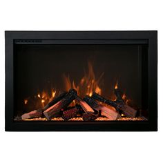 an electric fireplace with flames and logs