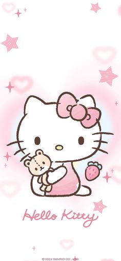 a hello kitty holding a baby doll in her arms, with stars around it and the caption hello kitty